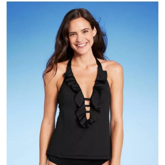 Kona Sol Womens Black Ruffled Halter Tankini Swim Top Strappy Front Size M 8-10 - Picture 2 of 9